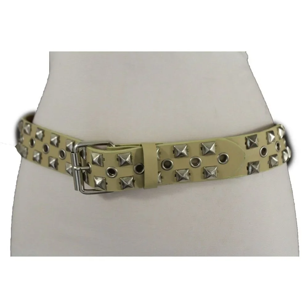 New Women Men Fashion Belt Beige Faux Leather Silver Metal Studs Size S M L XL - Picture 16 of 17